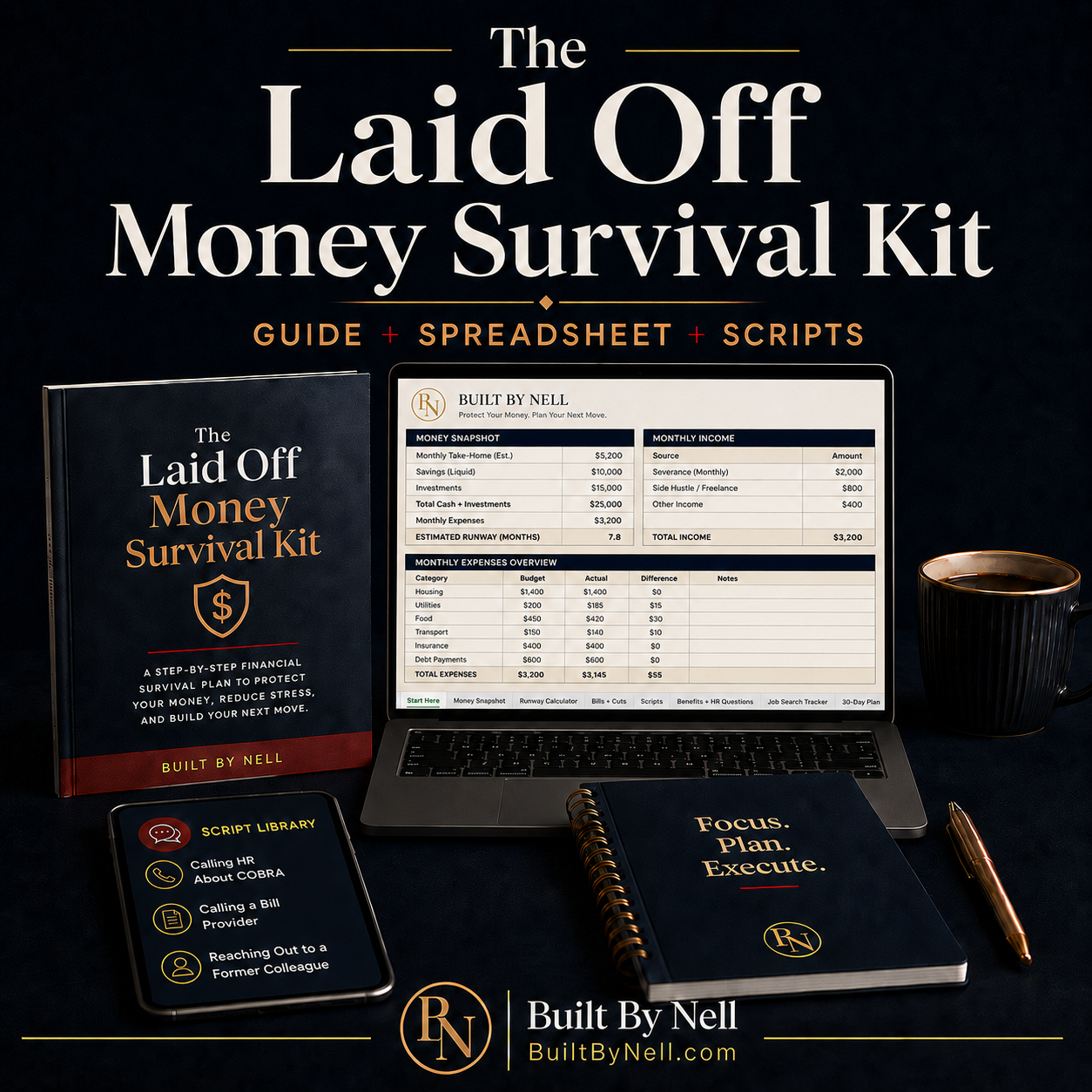 The Laid Off Money Survival Kit by Built By Nell with guide spreadsheet and scripts