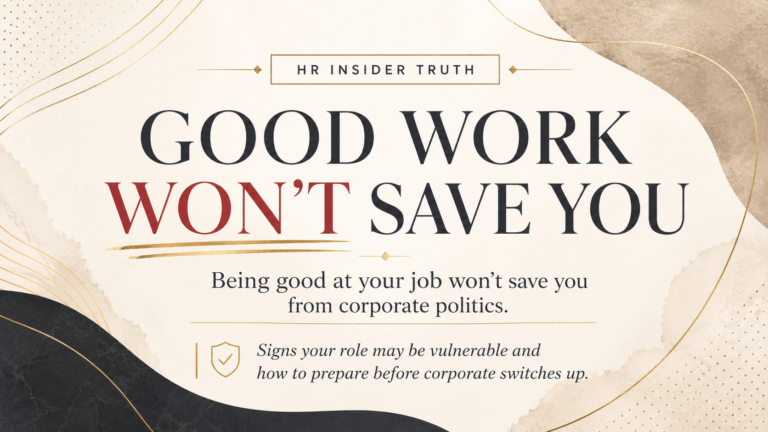 Blog graphic that says Good Work Won’t Save You, explaining that being good at your job will not always protect you from corporate politics.