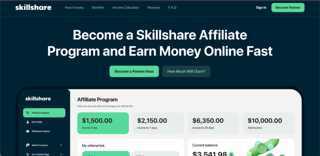 Screenshot of a fake Skillshare affiliate dashboard website used in a phishing scam targeting creators