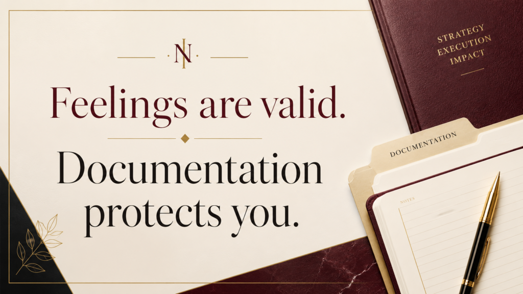 Quote graphic for a workplace advice blog post that says “Feelings are valid. Documentation protects you,” emphasizing the importance of documenting facts before going to HR.