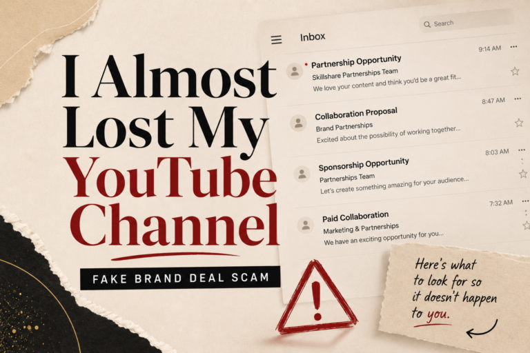 Editorial style graphic warning creators about a fake brand deal scam that almost led to a YouTube channel phishing attack