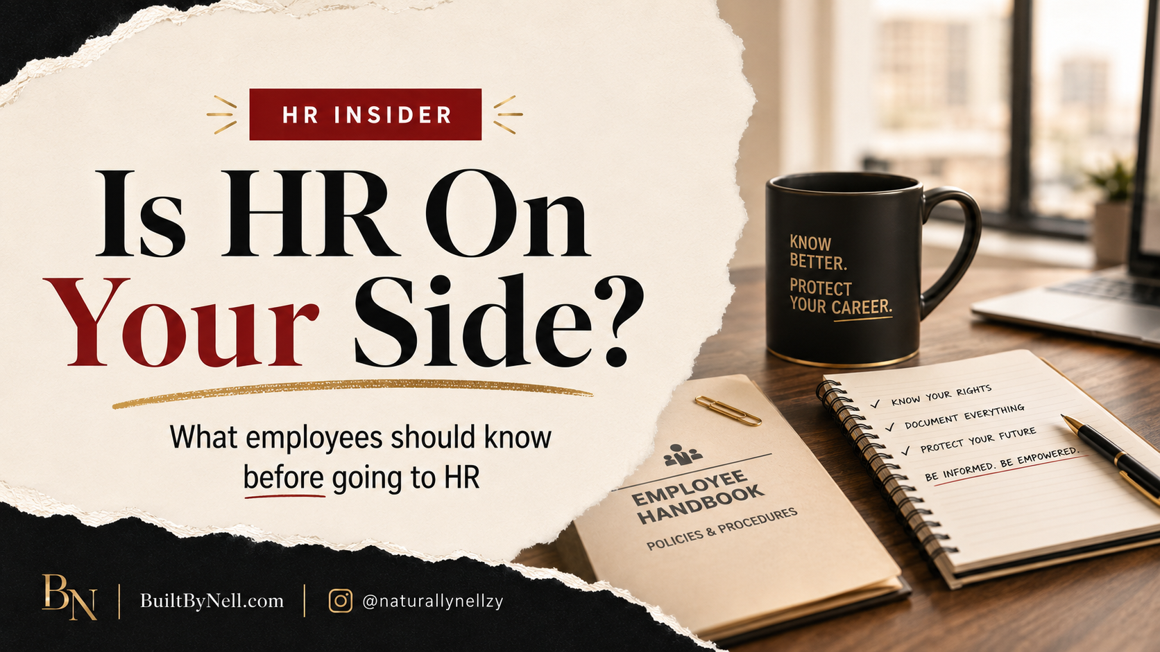 Featured image for a career advice blog post titled “Is HR On Your Side?” explaining what employees should know before going to HR, including documentation, workplace rights, and how to protect yourself at work.