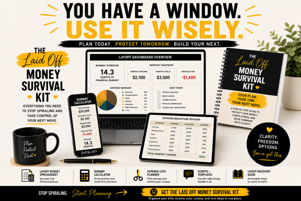 Laid Off Money Survival Kit showing a runway calculator, layoff budget spreadsheet, expense cuts planner, scripts, and layoff recovery guide for people planning after job loss.