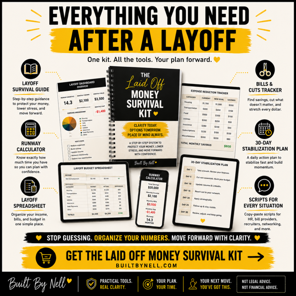 Product overview graphic showing everything included in the Laid Off Money Survival Kit, including a layoff survival guide, layoff spreadsheet, runway calculator, bills and cuts tracker, 30-day stabilization plan, and copy-paste scripts.