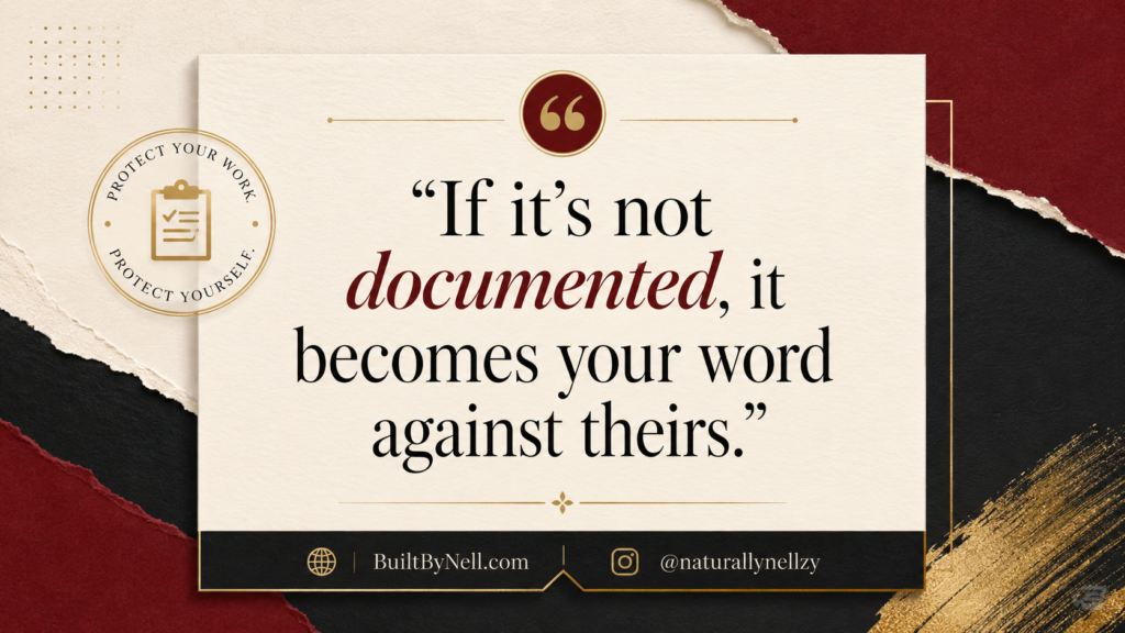 Quote graphic for a layoff advice blog post that says “If it’s not documented, it becomes your word against theirs,” emphasizing the importance of getting layoff details in writing.