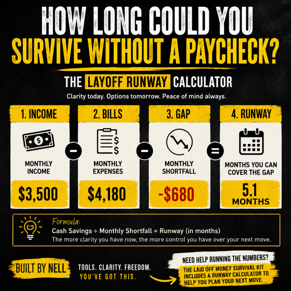 Layoff runway calculator showing monthly income, monthly bills, monthly shortfall, and months of financial runway after a job loss.