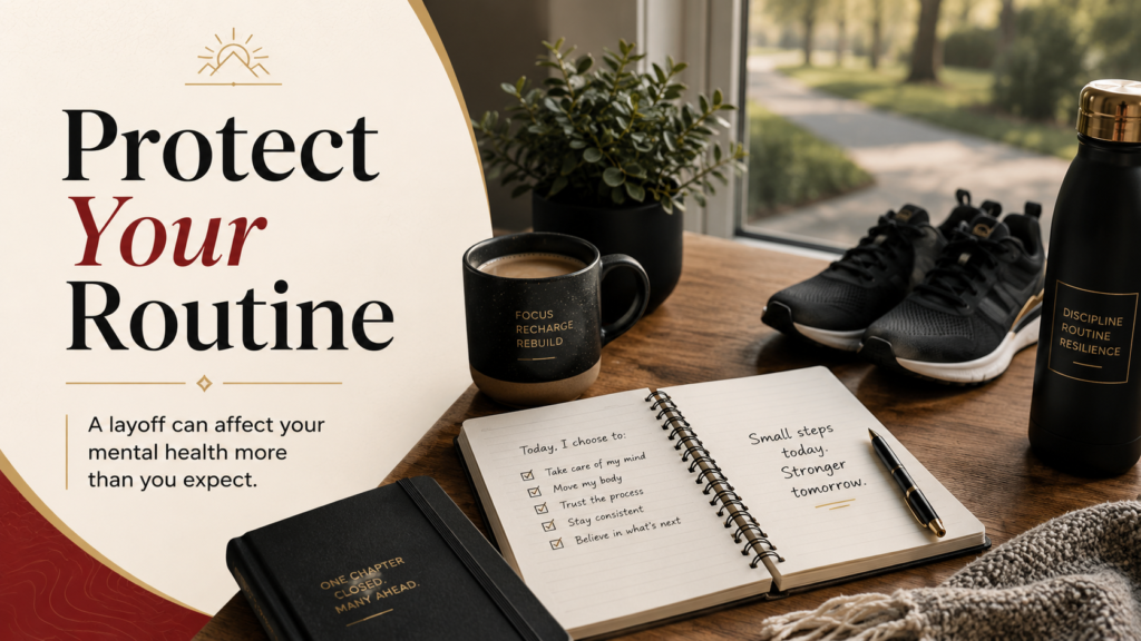 Branded image for a layoff advice blog post with the text “Protect Your Routine,” showing a journal, coffee mug, sneakers, water bottle, and a calm workspace to represent mental health and rebuilding structure after a layoff.