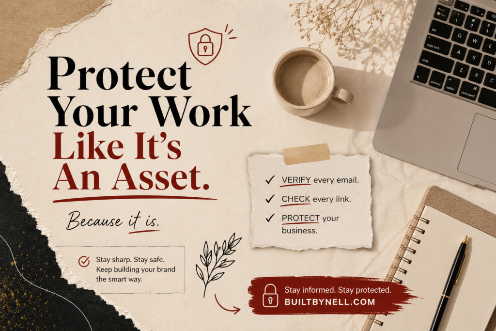 Editorial style graphic encouraging creators and entrepreneurs to protect their online business and digital assets from phishing scams and fake sponsorship emails.