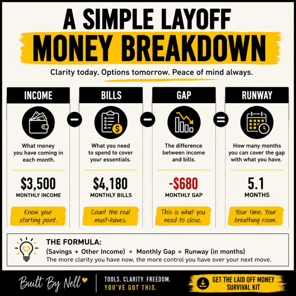 Simple layoff money breakdown showing income, bills, monthly financial gap, and runway calculation to help people understand their finances after job loss.