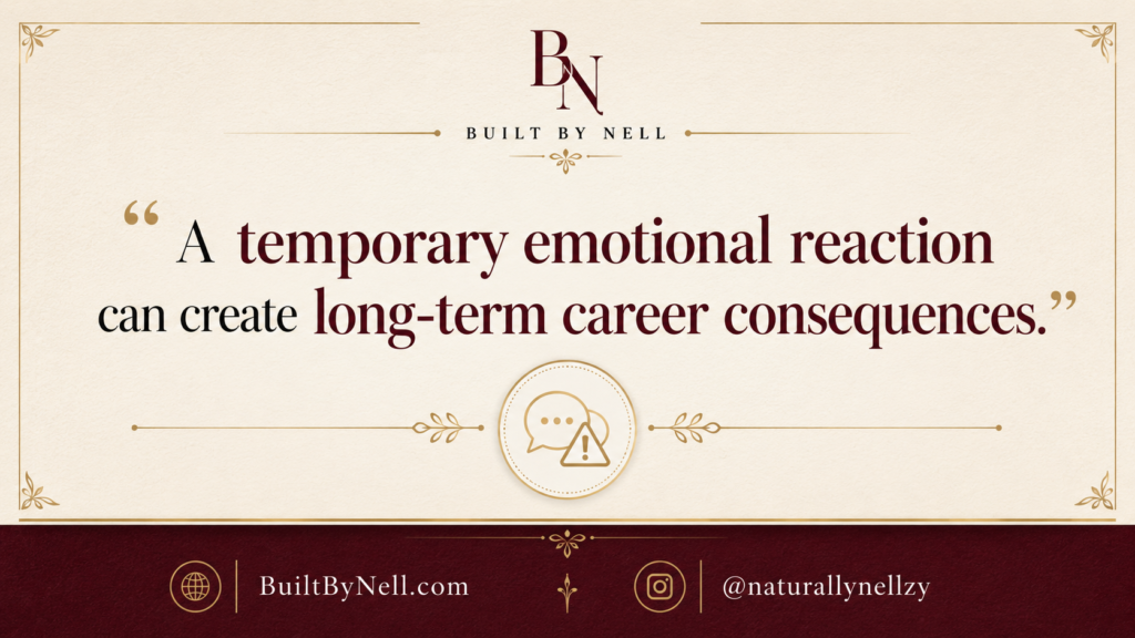 Quote graphic for a layoff advice blog post that says “A temporary emotional reaction can create long-term career consequences,” warning against burning bridges online after getting laid off.