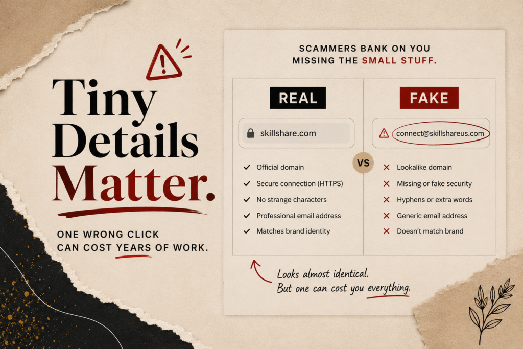 Editorial graphic comparing a real Skillshare domain with a fake sponsorship email to show how tiny details can expose a phishing scam.