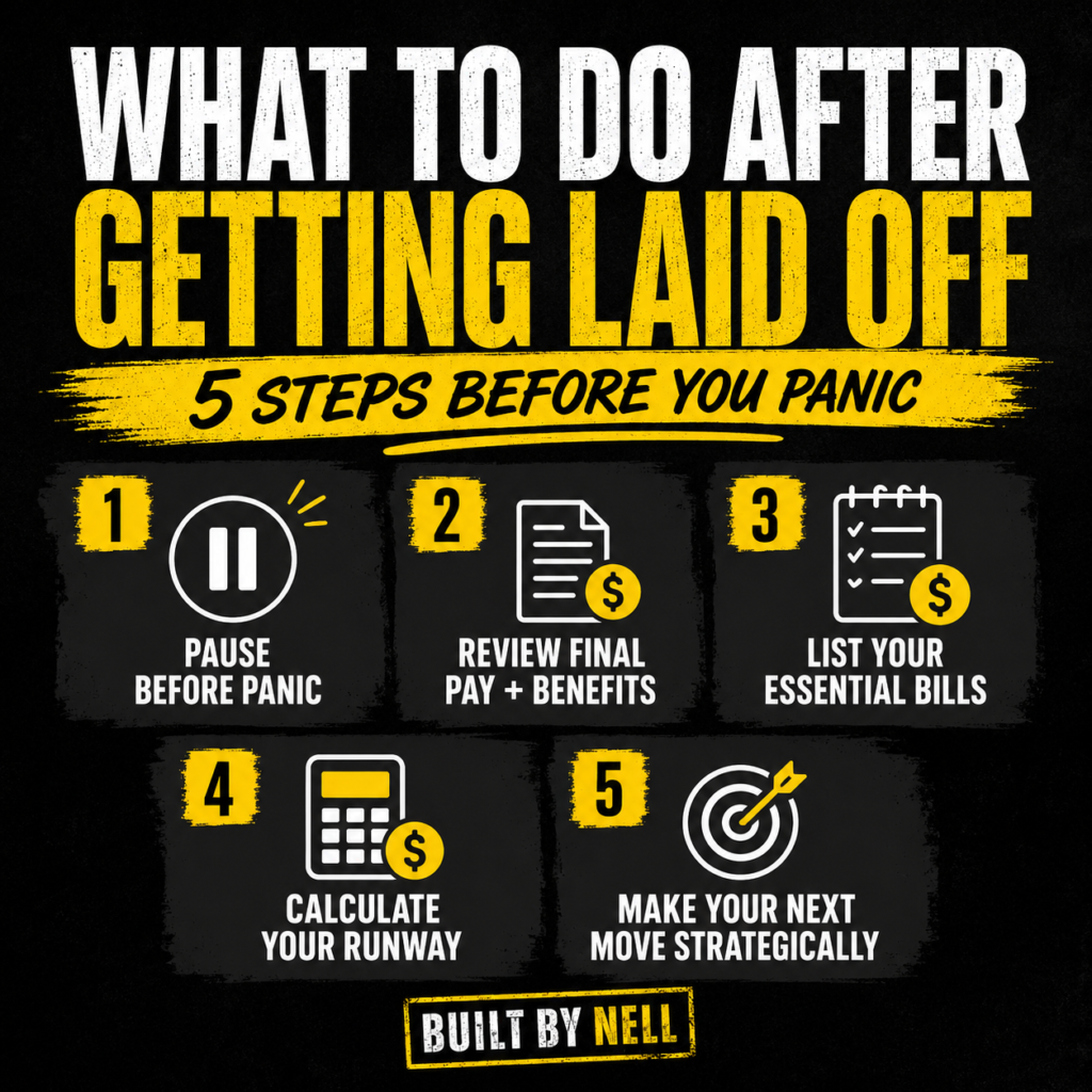 Five important steps to take after getting laid off including reviewing benefits, listing bills, calculating financial runway, and creating a strategic plan.
