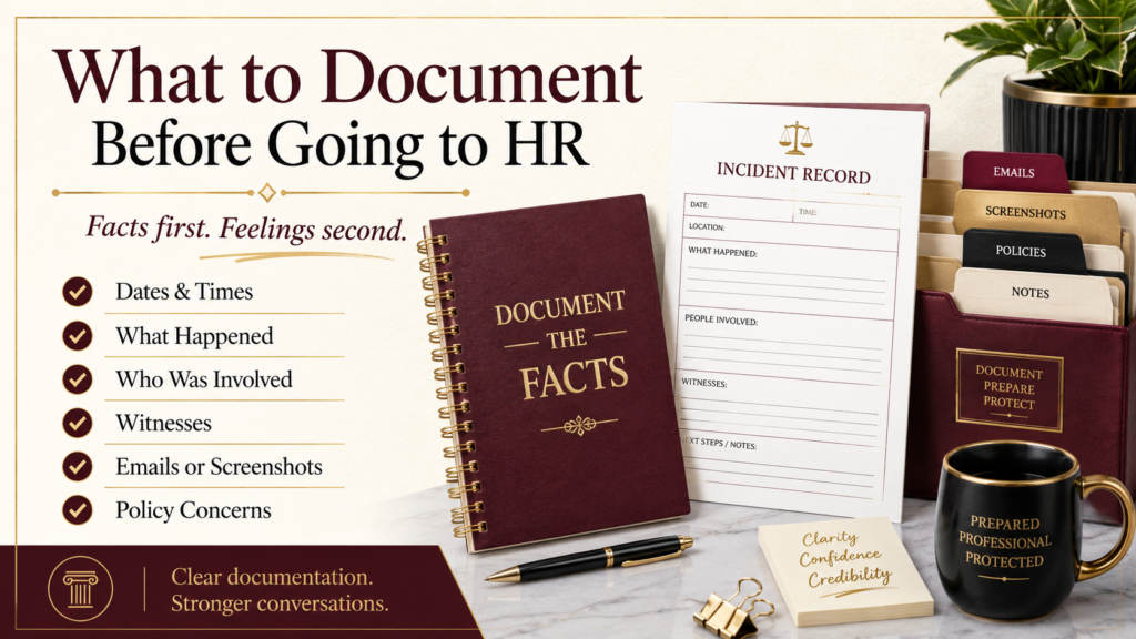 Checklist graphic for a workplace advice blog post showing what employees should document before going to HR, including dates, times, what happened, witnesses, emails, screenshots, and policy concerns.