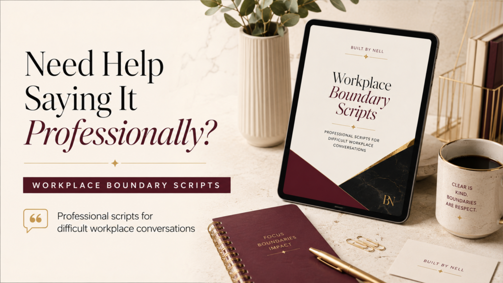 Product image for Workplace Boundary Scripts, a digital guide with professional scripts for difficult workplace conversations, boundaries, and communication at work.