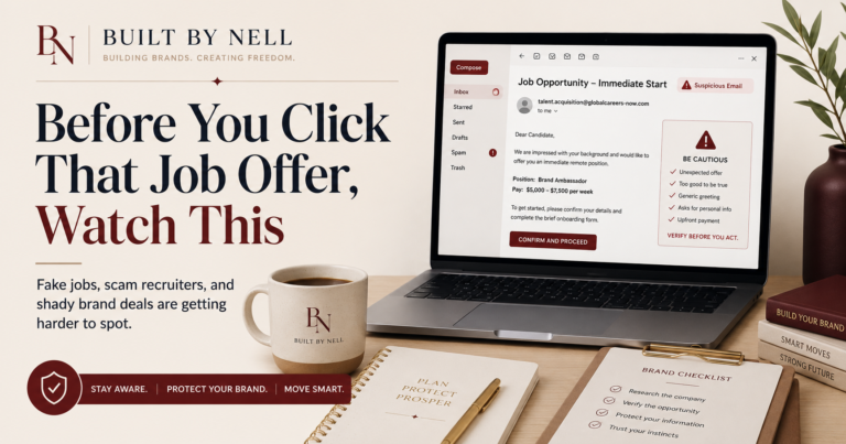Before You Click That Job Offer graphic about fake jobs, AI job scams, and career protection by Built By Nell