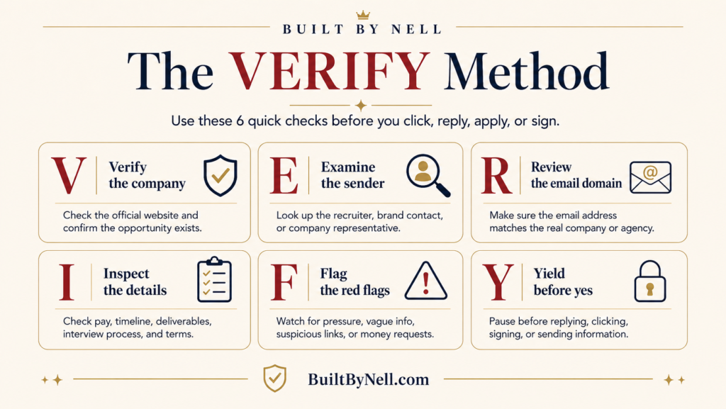 Built By Nell graphic showing the VERIFY Method for spotting fake jobs, scam recruiters, and suspicious brand deals before you click, reply, or sign anything.