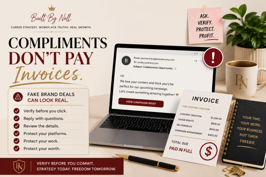 Compliments Don’t Pay Invoices graphic about fake brand deals, creator scams, and verifying collaboration offers before clicking or replying