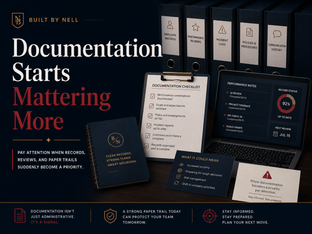 Documentation checklist and employee records showing documentation as a possible layoff warning sign.