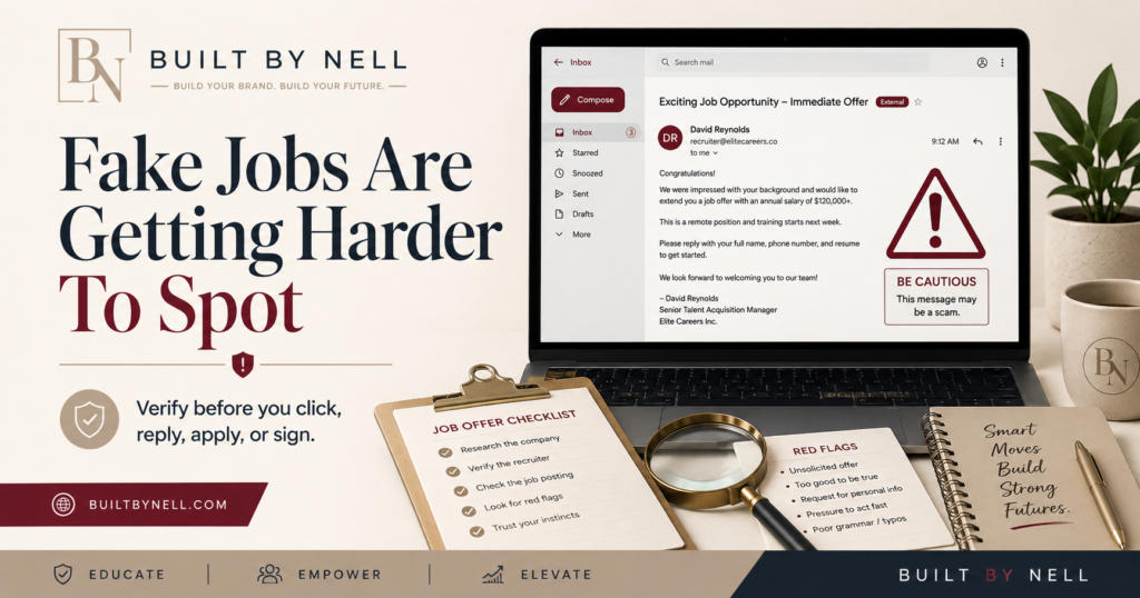 Graphic showing fake jobs are getting harder to spot with a laptop, fake job offer, and warning icon