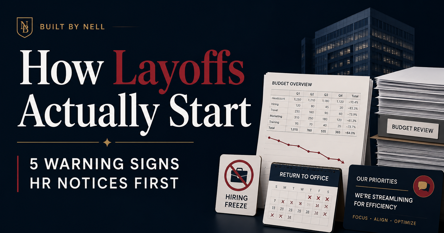 ALT TEXT: Featured image for a blog post about how layoffs actually start, showing warning signs like budget cuts, hiring freezes, return-to-office mandates, and changing corporate priorities.
