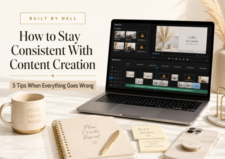 Bright workspace with a laptop showing missing video clips and the words “How to Stay Consistent With Content Creation.”