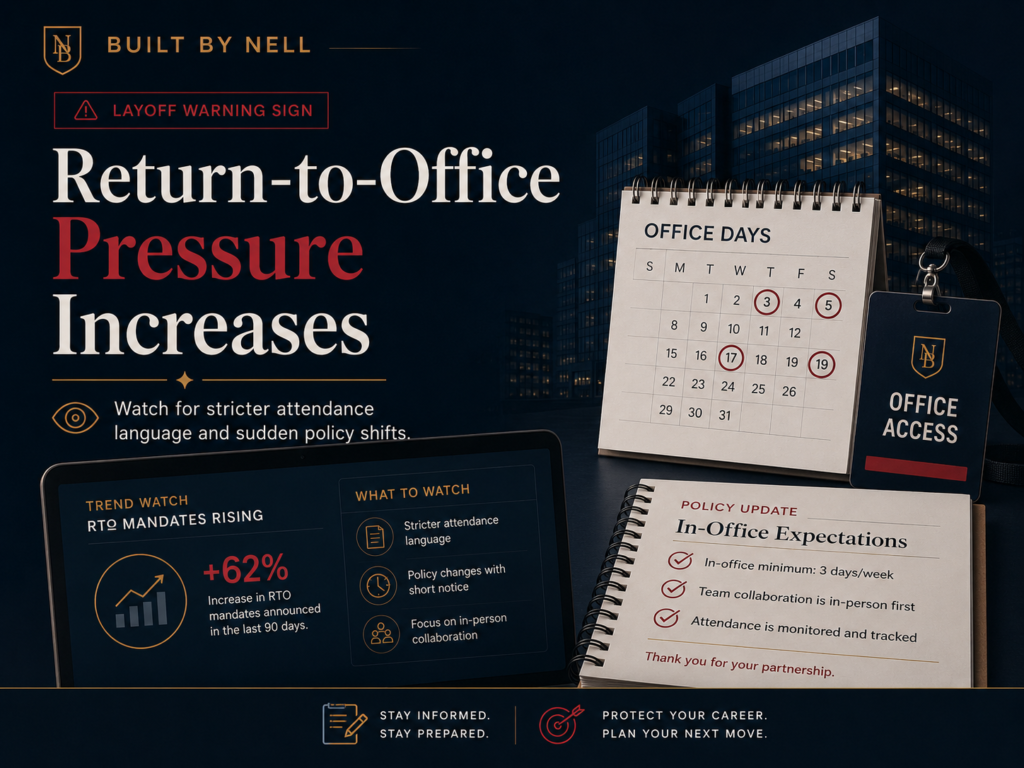 Return-to-office pressure increases as a possible layoff warning sign with office days calendar and attendance policy graphic.