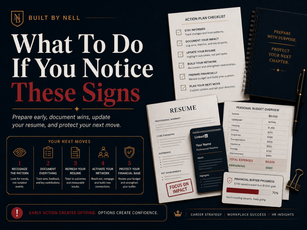Action plan checklist showing what to do if you notice layoff warning signs.