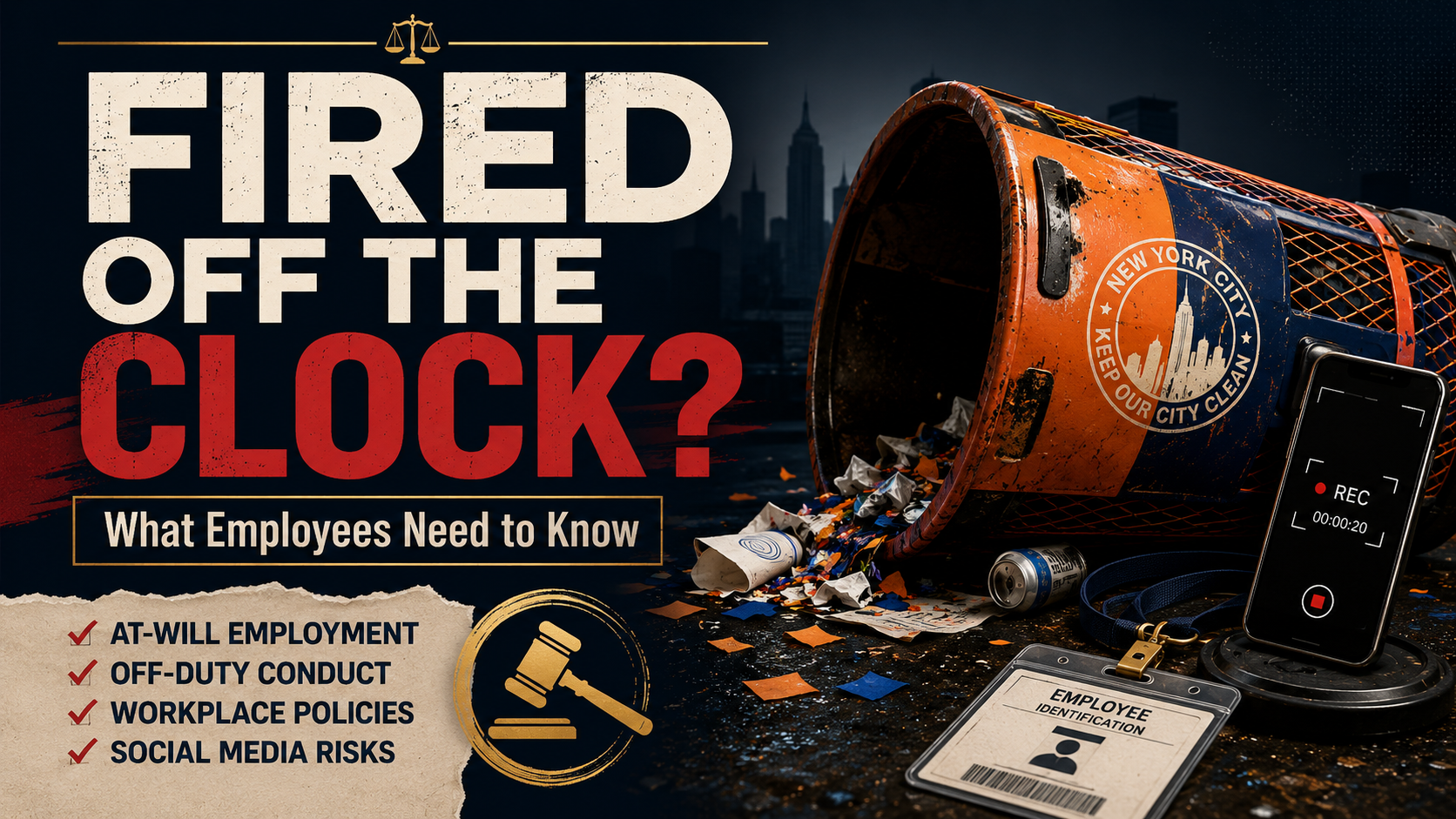 Editorial graphic asking whether an employee can be fired for off-duty conduct after a personal incident goes viral.