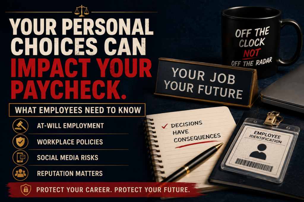 Infographic with four tips for protecting your career before posting online, including reviewing workplace policies, keeping company information private, avoiding company branding, and thinking before sharing.