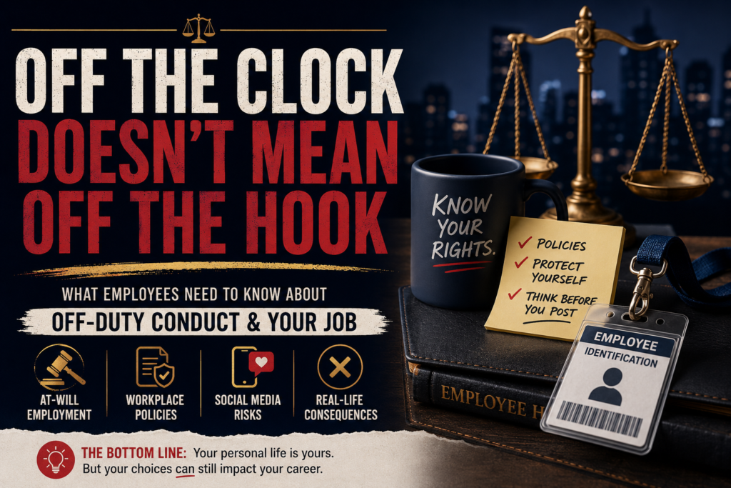 Infographic showing four ways off-duty conduct can become a workplace issue, including public identification, policy violations, trust-sensitive roles, and business risk.