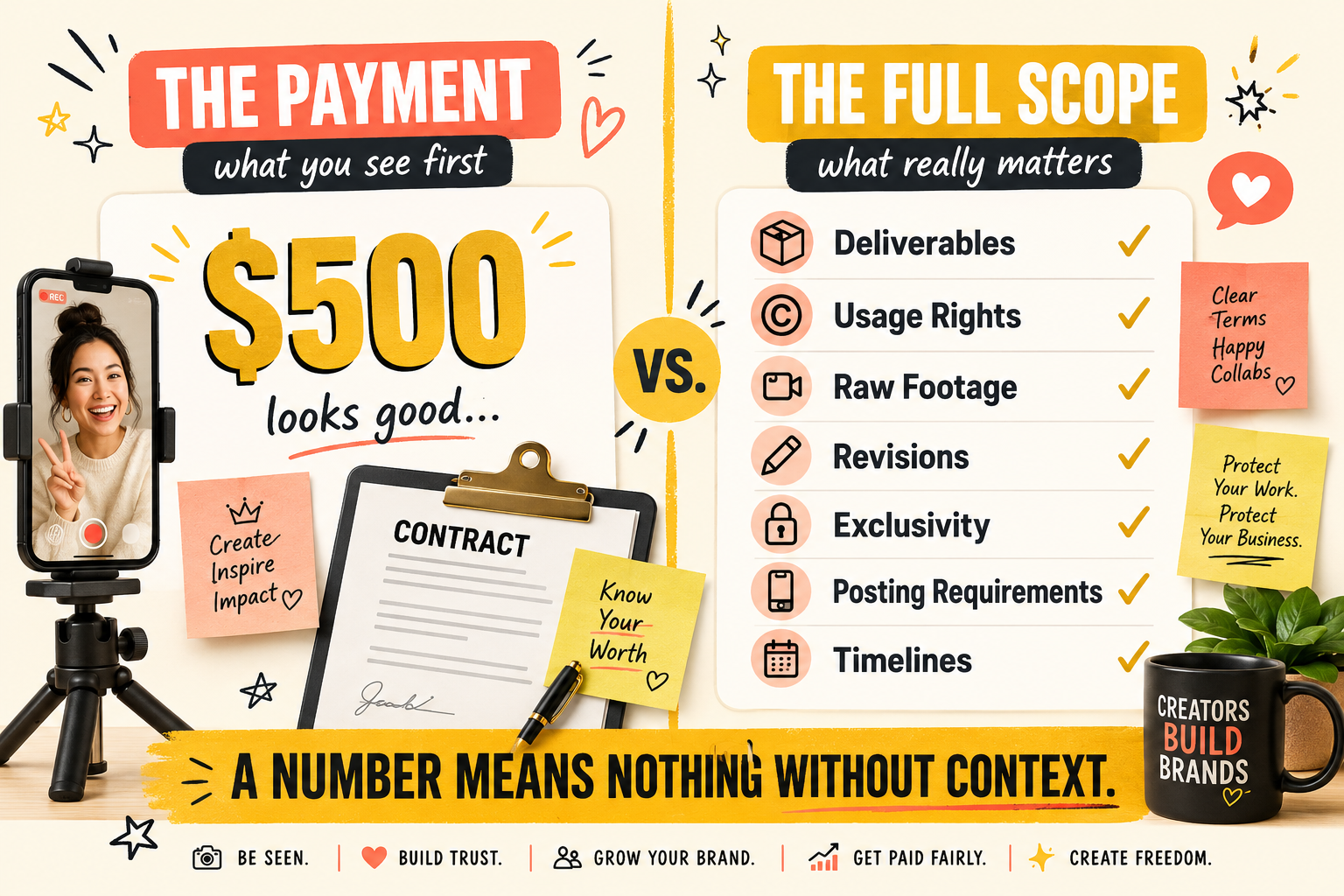 Comparison showing that a brand deal payment must be evaluated alongside deliverables, usage rights, raw footage, revisions, exclusivity, and timelines