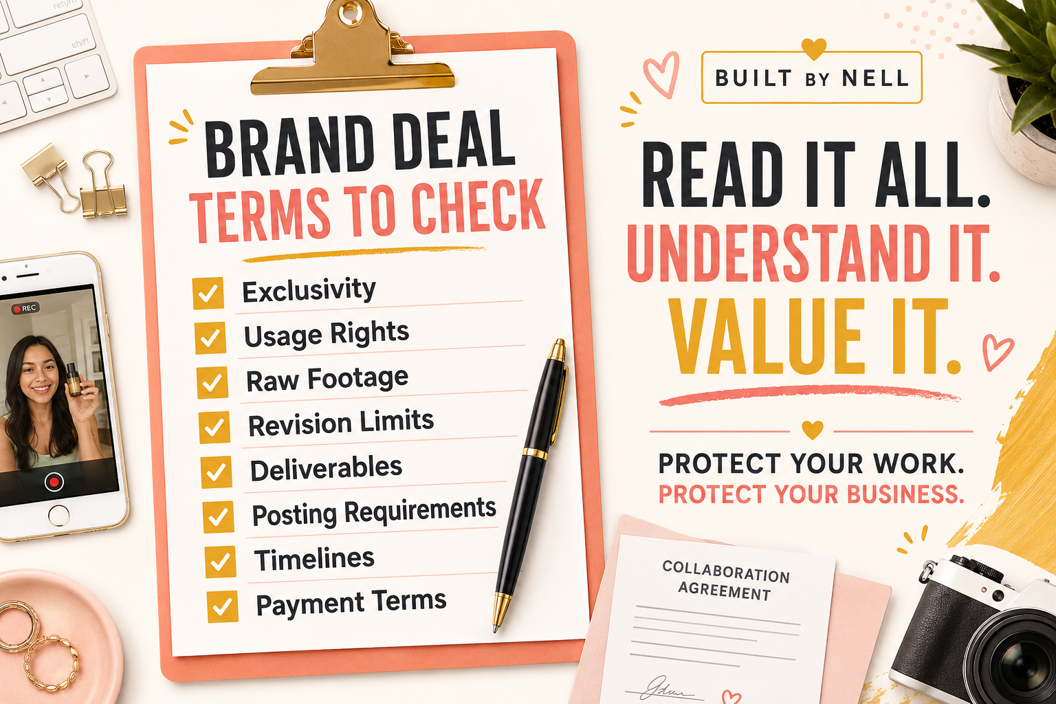Checklist of brand deal terms creators should review including exclusivity, usage rights, raw footage, revisions, deliverables, timelines, and payment terms
