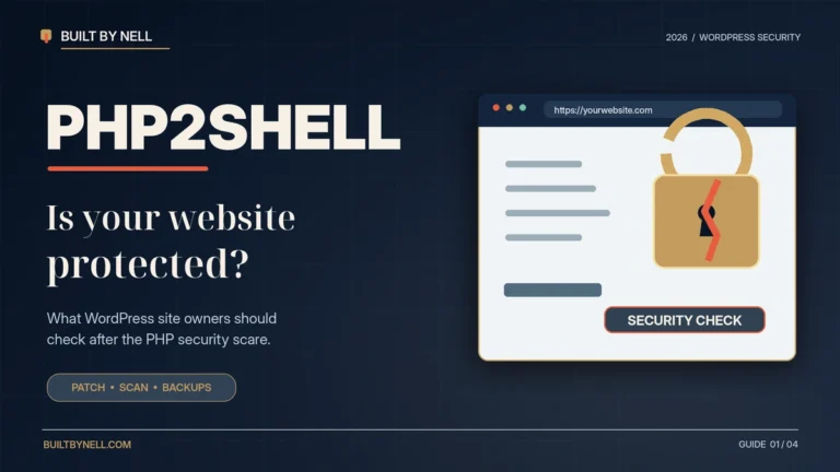 PHP2Shell WordPress security feature graphic with a cracked gold padlock beside a browser window, asking whether your website is protected.