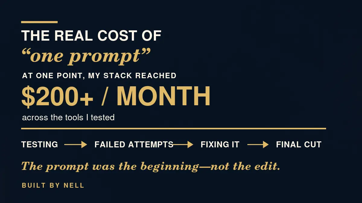 AI video editing workflow showing testing, failed attempts, fixes, Final Cut, and a tool stack that at one point cost more than 200 dollars per month.